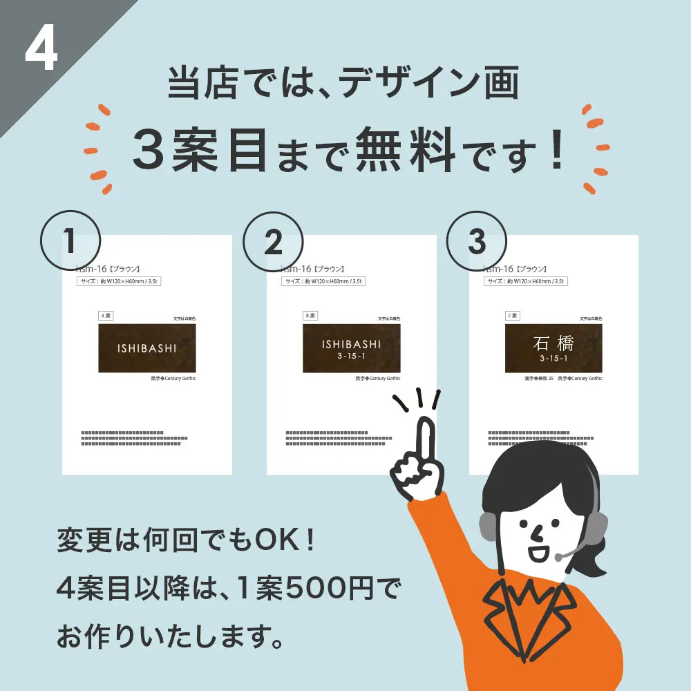 当店では、1ヶ月以内に表札ご注文でデザイン画3案目まで無料です！