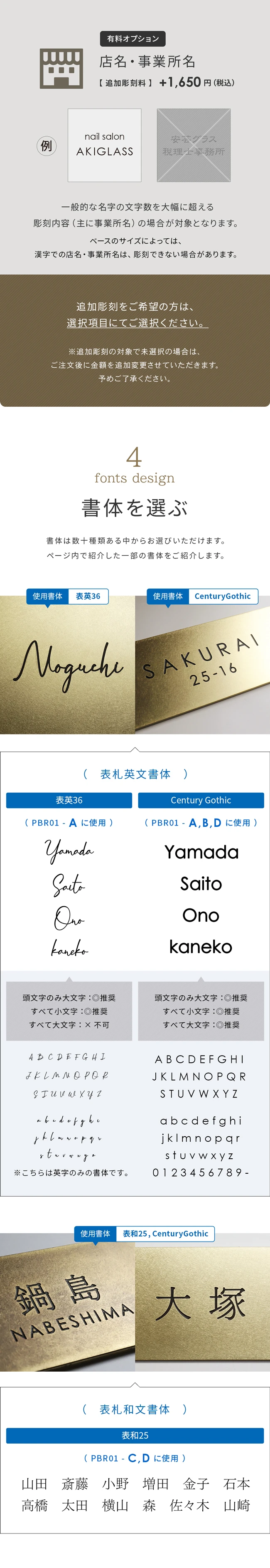 書体を選ぶ 英字 漢字 ひらがな カタカナ 番地 フォント デザイン 真鍮 プレート表札【pbr-01】