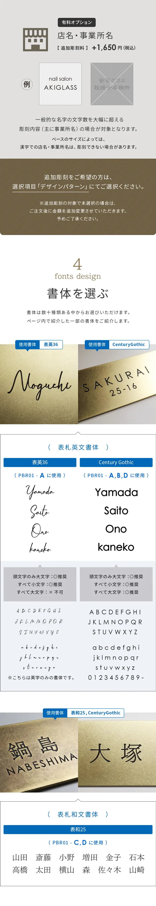 書体を選ぶ 英字 漢字 ひらがな カタカナ 番地 フォント デザイン 真鍮 プレート表札【pbr-01】