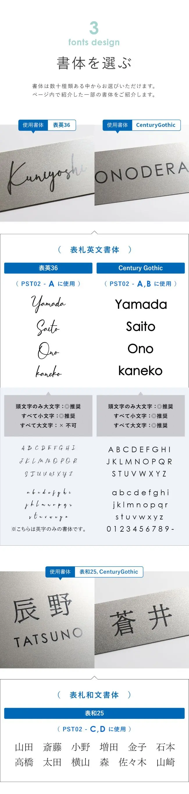 書体を選ぶ 英字 漢字 ひらがな カタカナ 番地 フォント デザイン ステンレスプレート表札【pst-02】