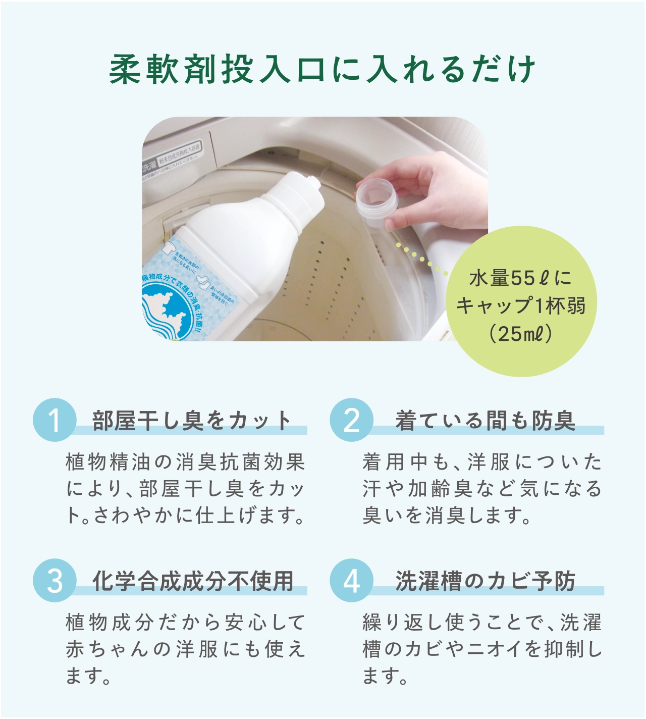 使い方は簡単！柔軟剤投入口に入れるだけ