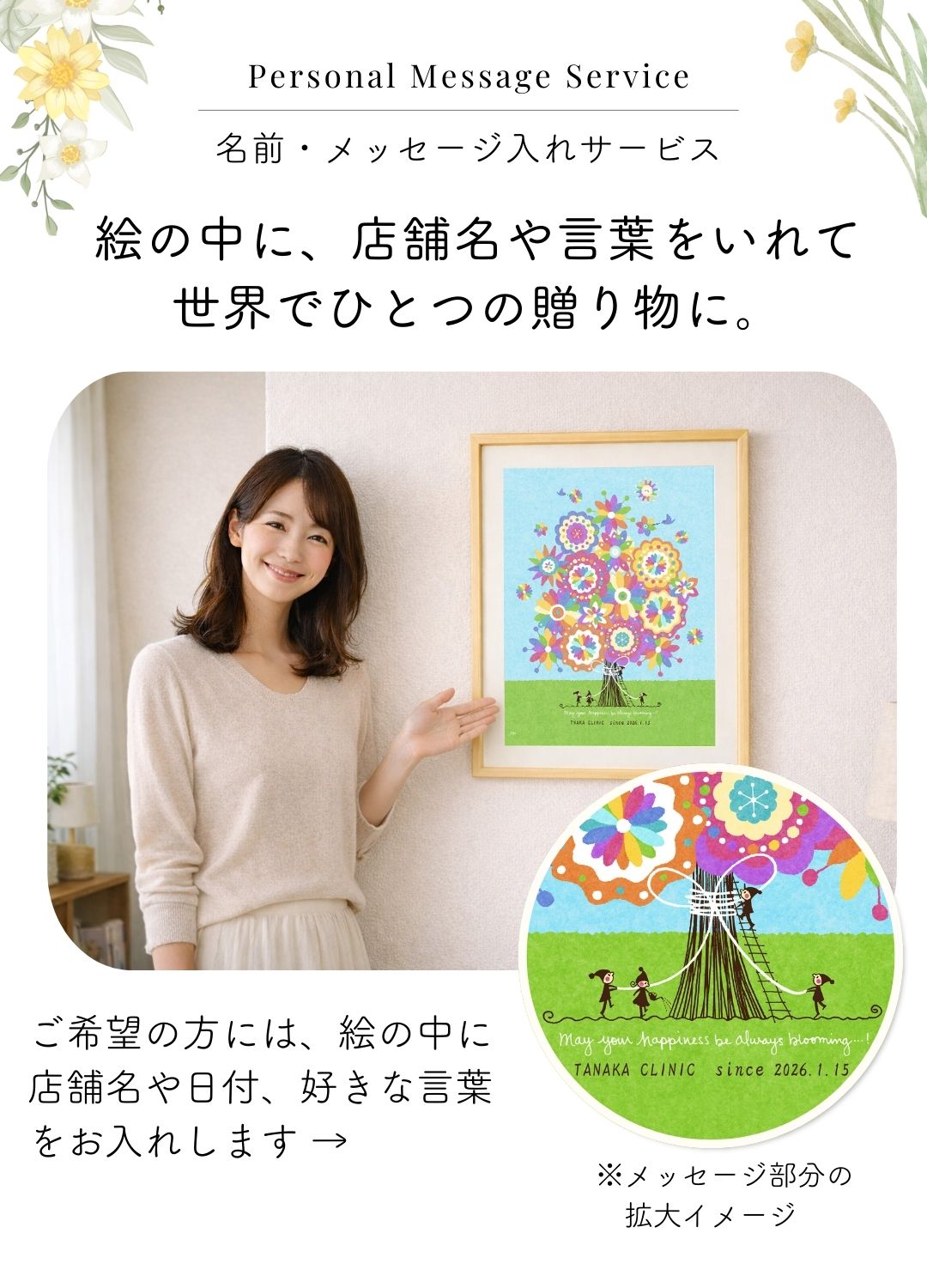 開店祝い・開業祝い・開院祝いに絵に名前やメッセージを入れられます。