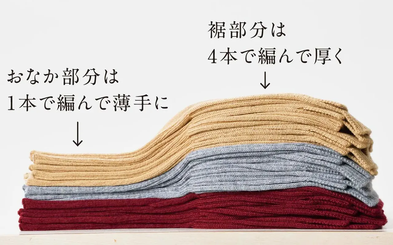 見せる腹巻き おなか部分は1本、裾部分は4本の糸で編み分け