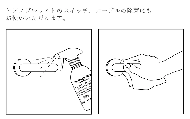 ドアノブやライトのスイッチ、テーブルなどの除菌にもお使いいただけます
