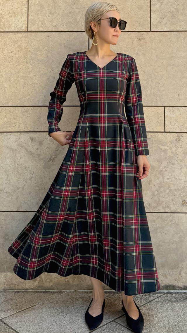 Vネックタータンチェックワンピース