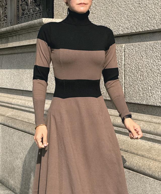 美品 45R 刺繍入り ウール100% タートルネック フレアニット◆ブラウン タートルニットフレアワンピース｜JENNE(ジェンヌ)公式通販：パリ