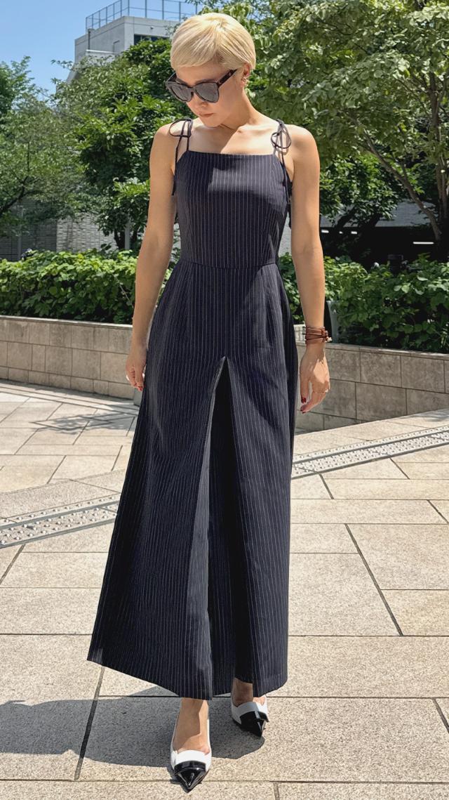 肩紐リボンピンストライプサロペット