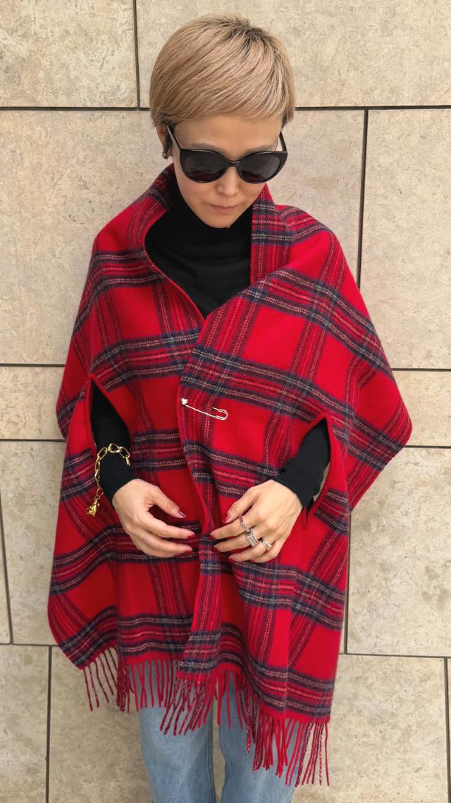 ＜カシミヤ100％＞チェックリバーシブルケープストール