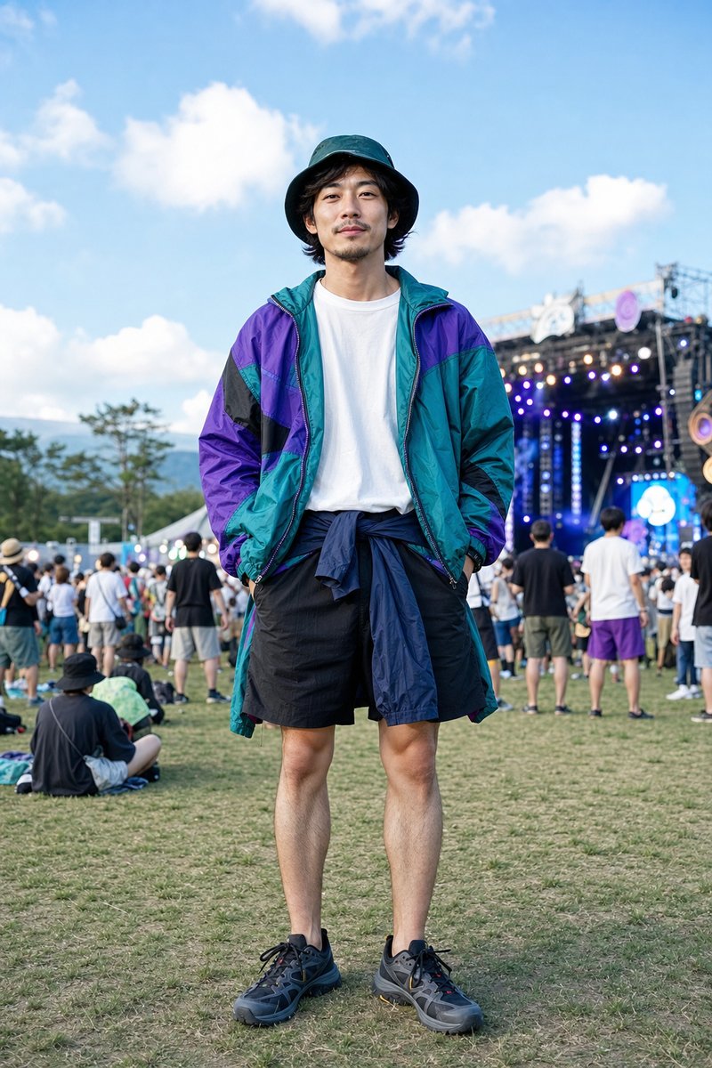 【3】ナイロン×バケットハットの天候対応コーデ