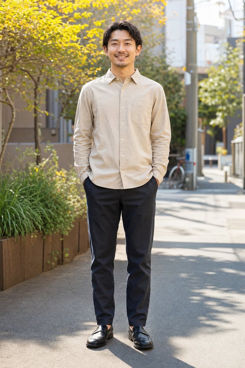 濃紺パンツと革靴で足元まで秋に寄せた初秋のメンズ古着コーデ