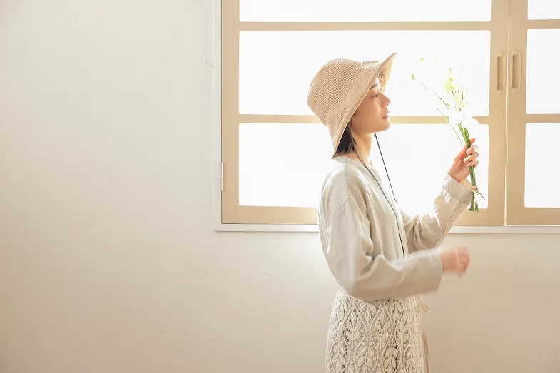 リネン切替ギャザーワンピース