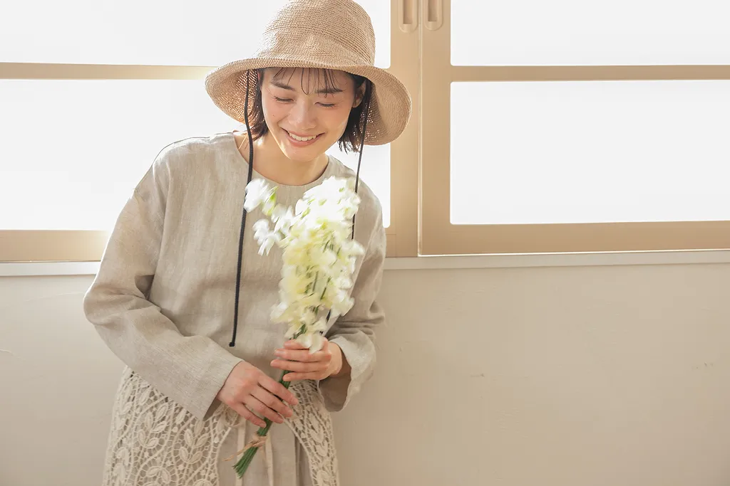 リネン切替ギャザーワンピース