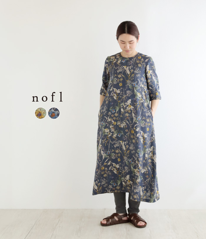 nofl リネンフラワー後ろあき六分袖ワンピース