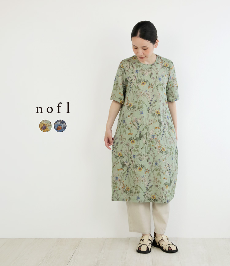nofl リネンフラワー後ろあきショート丈五分袖ワンピース