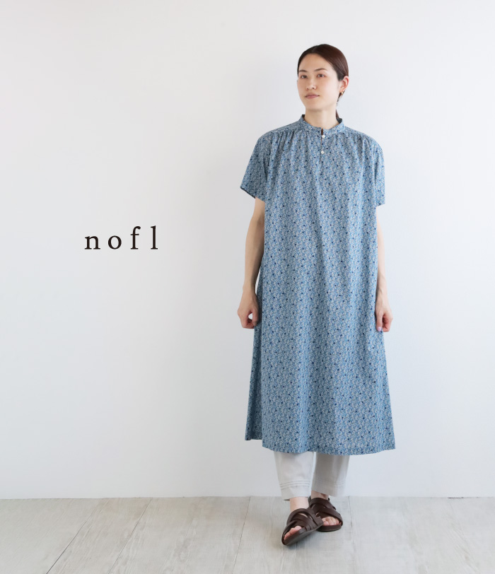 nofl リバティプリントスタンドカラーギャザーワンピース