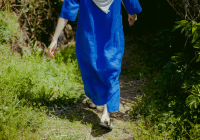 リトアニアリネン後ろあき六分袖ワンピース